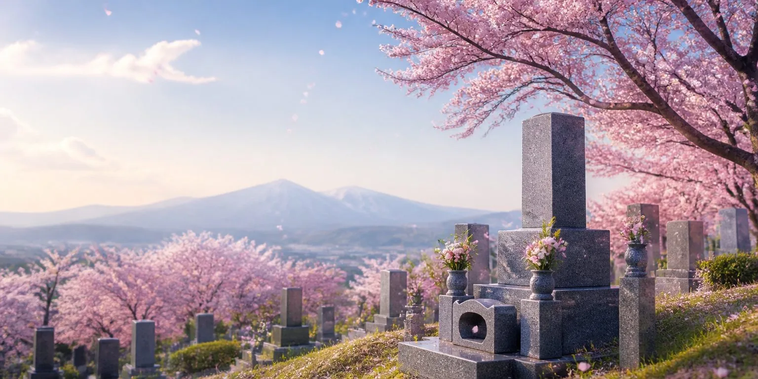 桜の咲く北海道の墓地。花が供えられた墓石の向こうに山なみが見える